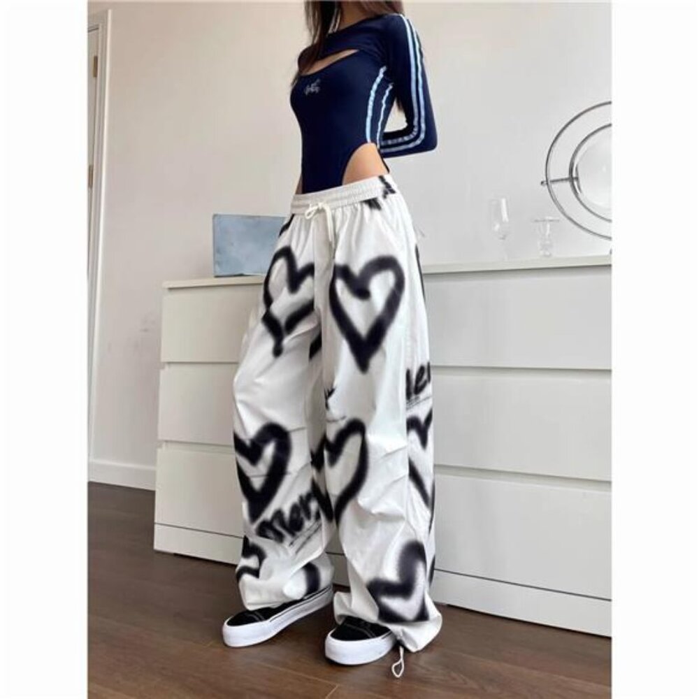Love Graffiti Wide Leg Pants Women Y2K Elastic High Waist Streetwear Loose